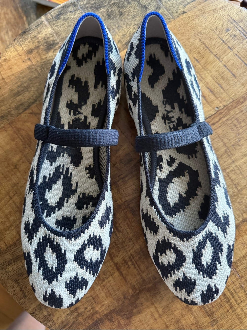 Rothy's Black and Cream Leopard Knit Mary Jane Flats
